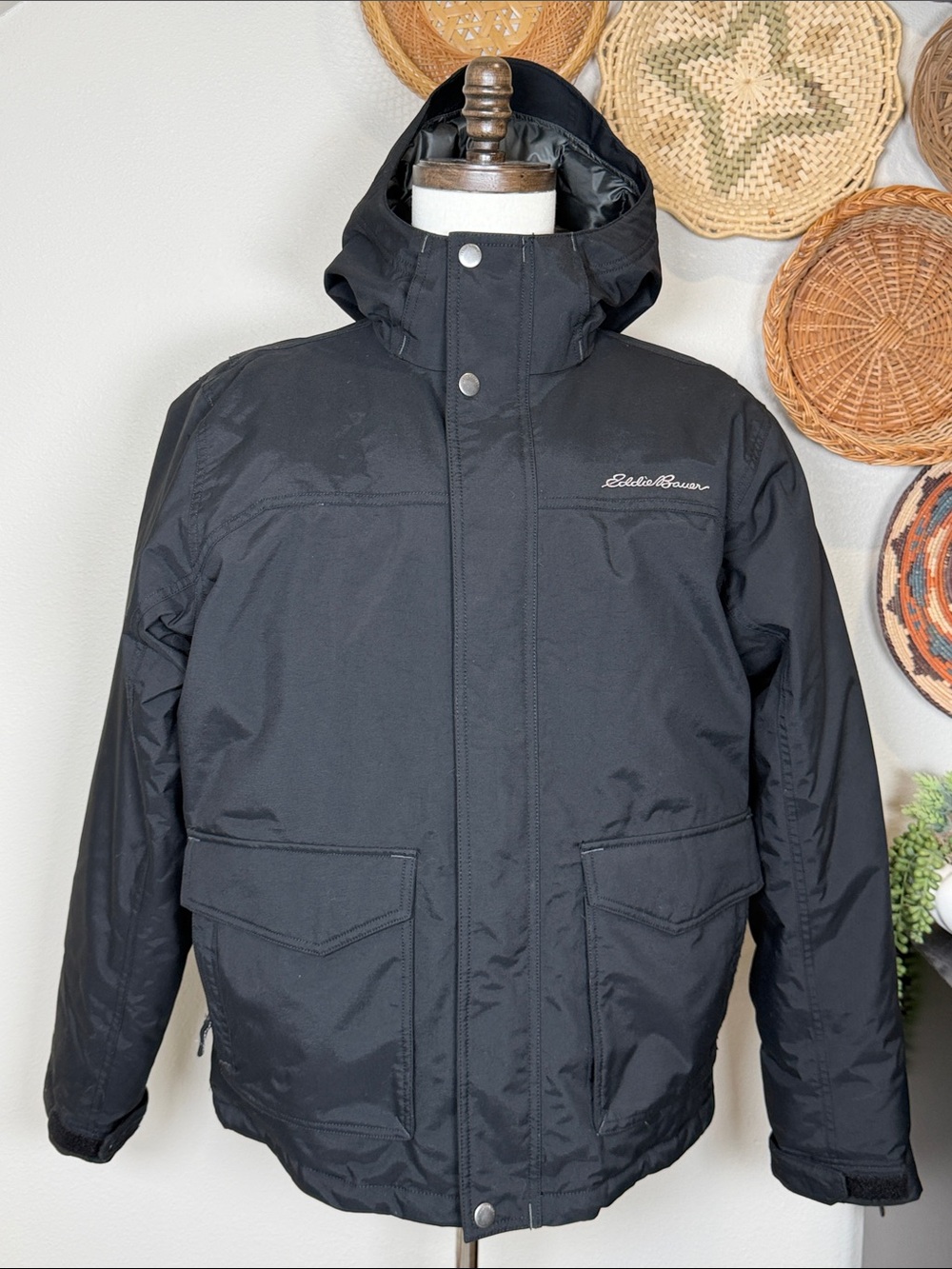 Eddie Bauer Black WeatherEdge Down Jacket Hooded Parka Puffer Coat Mens Large